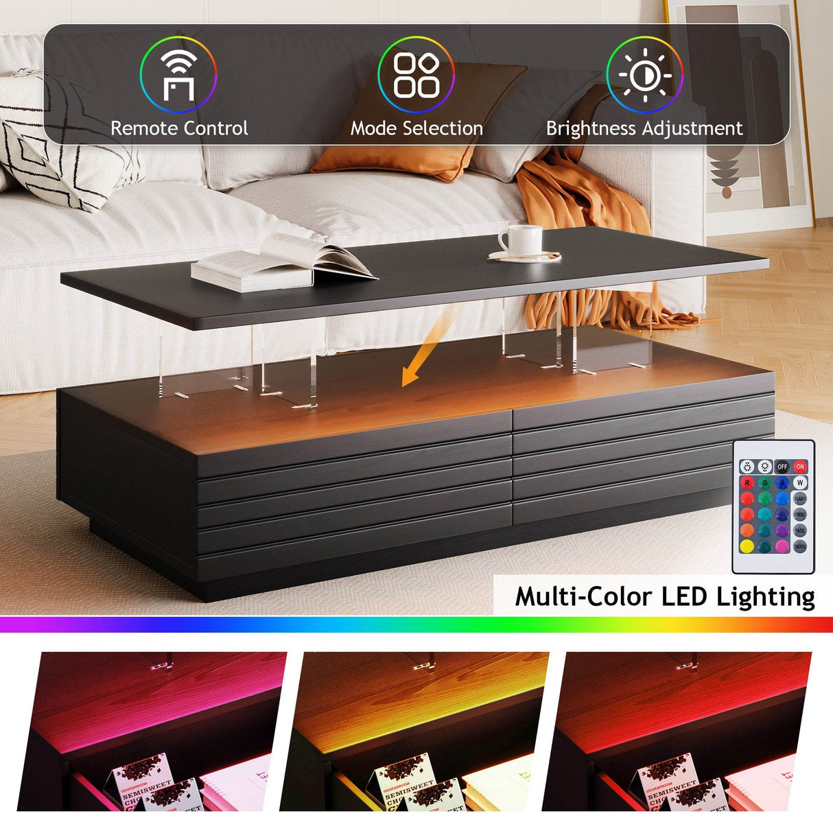 Modern Rectangular MDF Coffee Table With LED Lights - Sleep Galleria