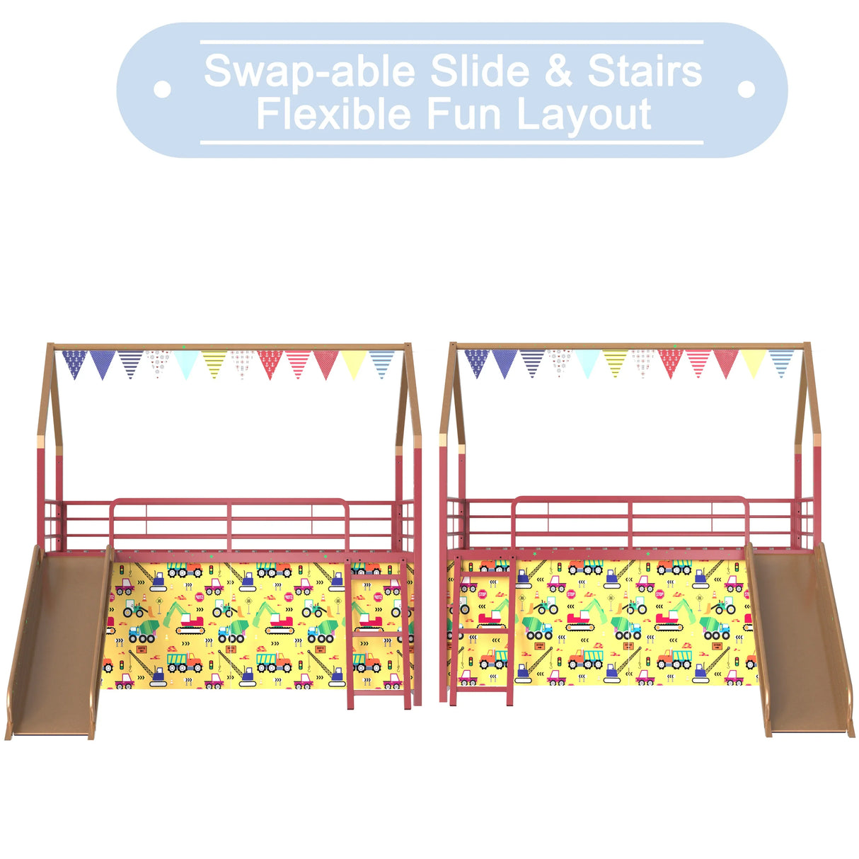Twin Metal Junior House Loft Bed With Slide And Curtain - Omega Lifestyles