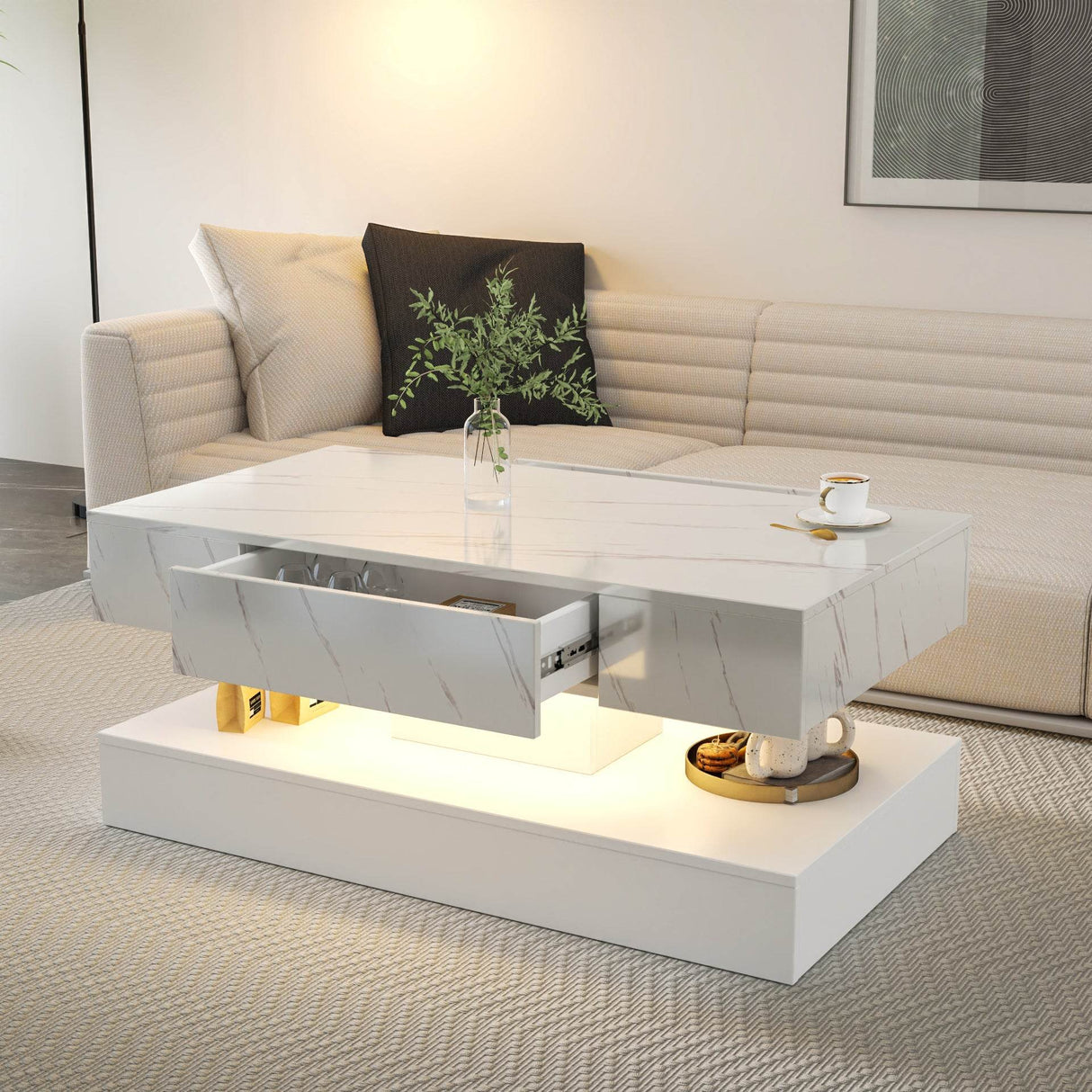 Modern LED Coffee Table With Storage Drawer and Lights - Sleep Galleria