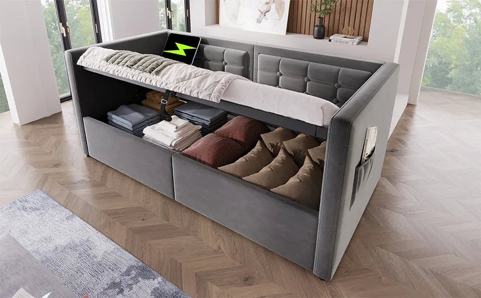 Twin Gray Velvet Upholstered Hydraulic Storage Daybed With USB Charging - Omega Lifestyles