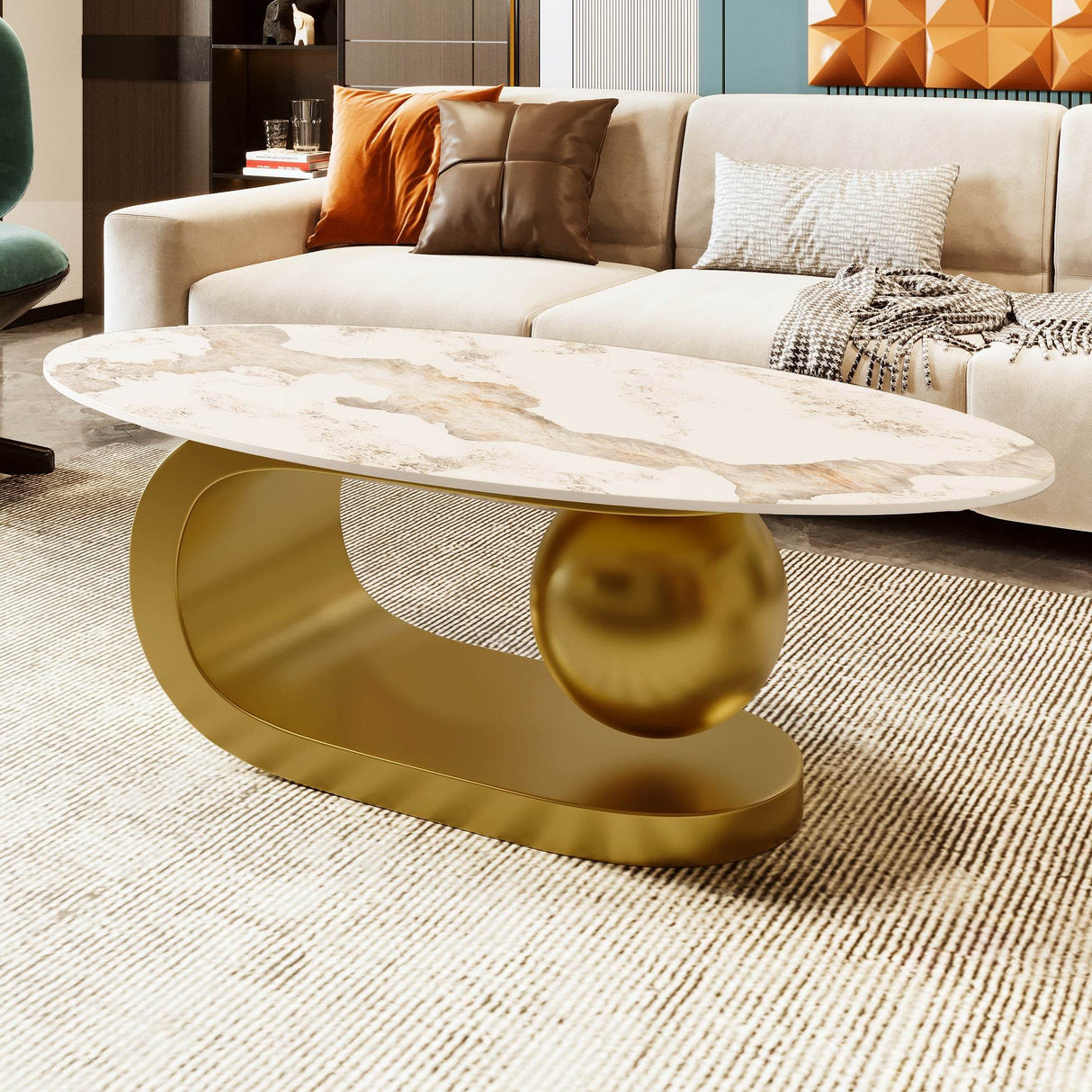 Modern Oval Sintered Stone Coffee Table With Gold Base