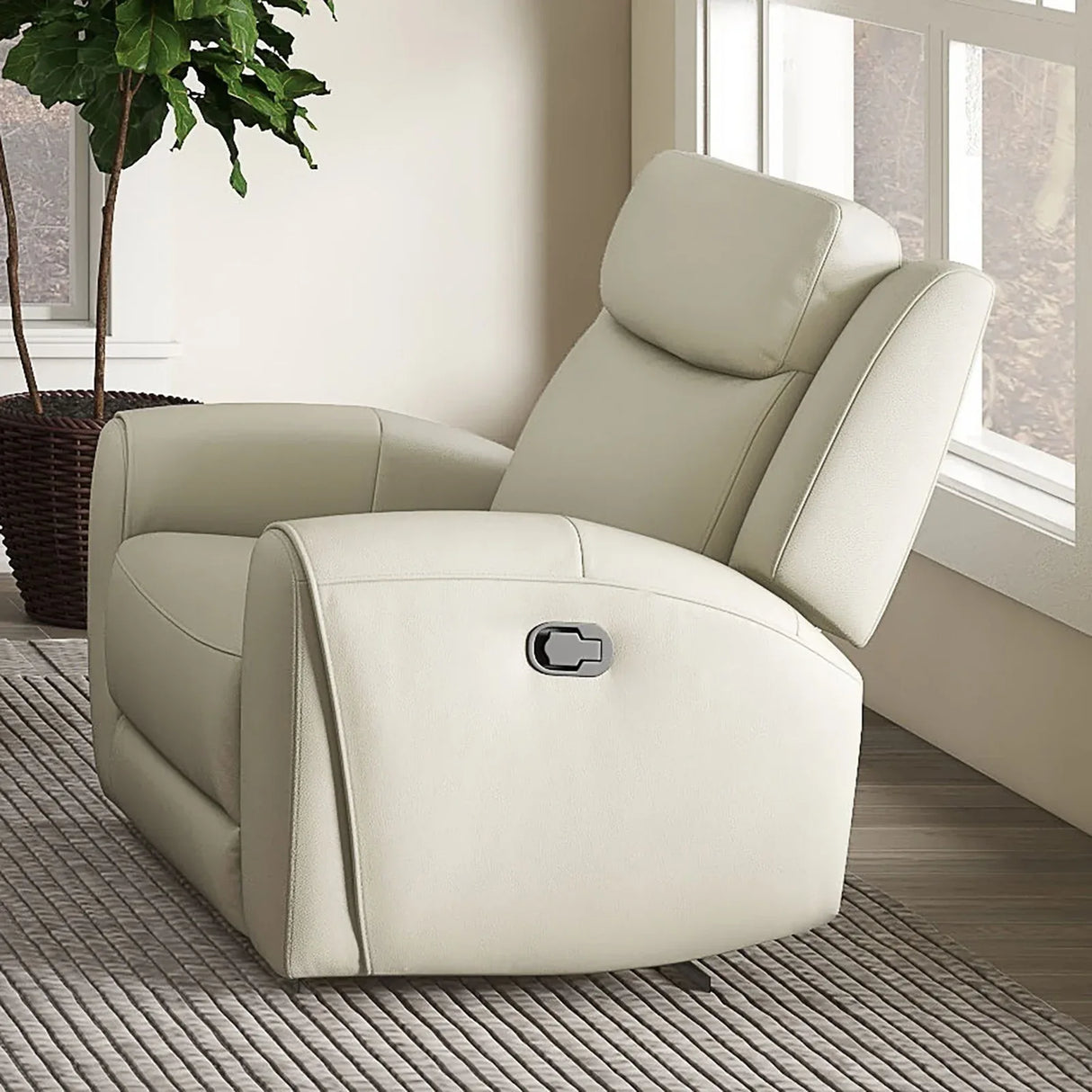 Transitional Beige Leather Manual Recliner With Wide Seat - Omega Lifestyles