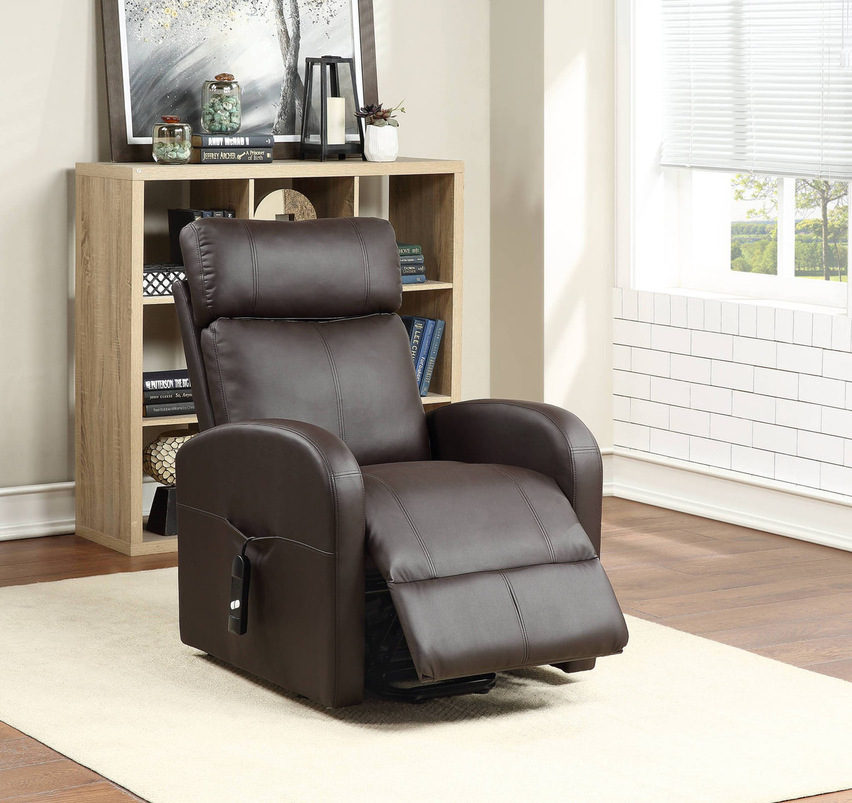Brown Faux Leather Power Motion Recliner With Lift