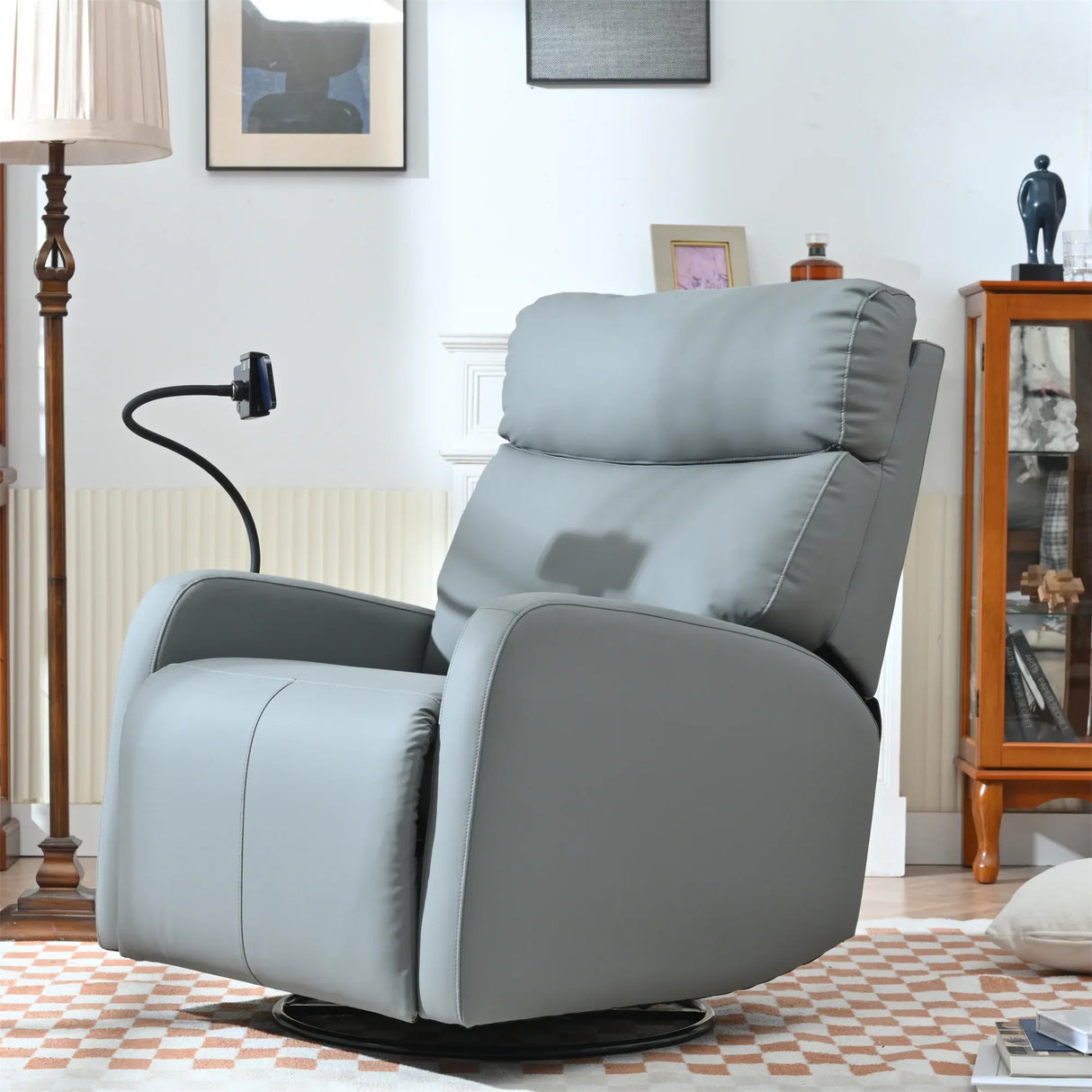 Modern Blue Gray PU Swivel Rocker Recliner Chair - Omega Lifestyles