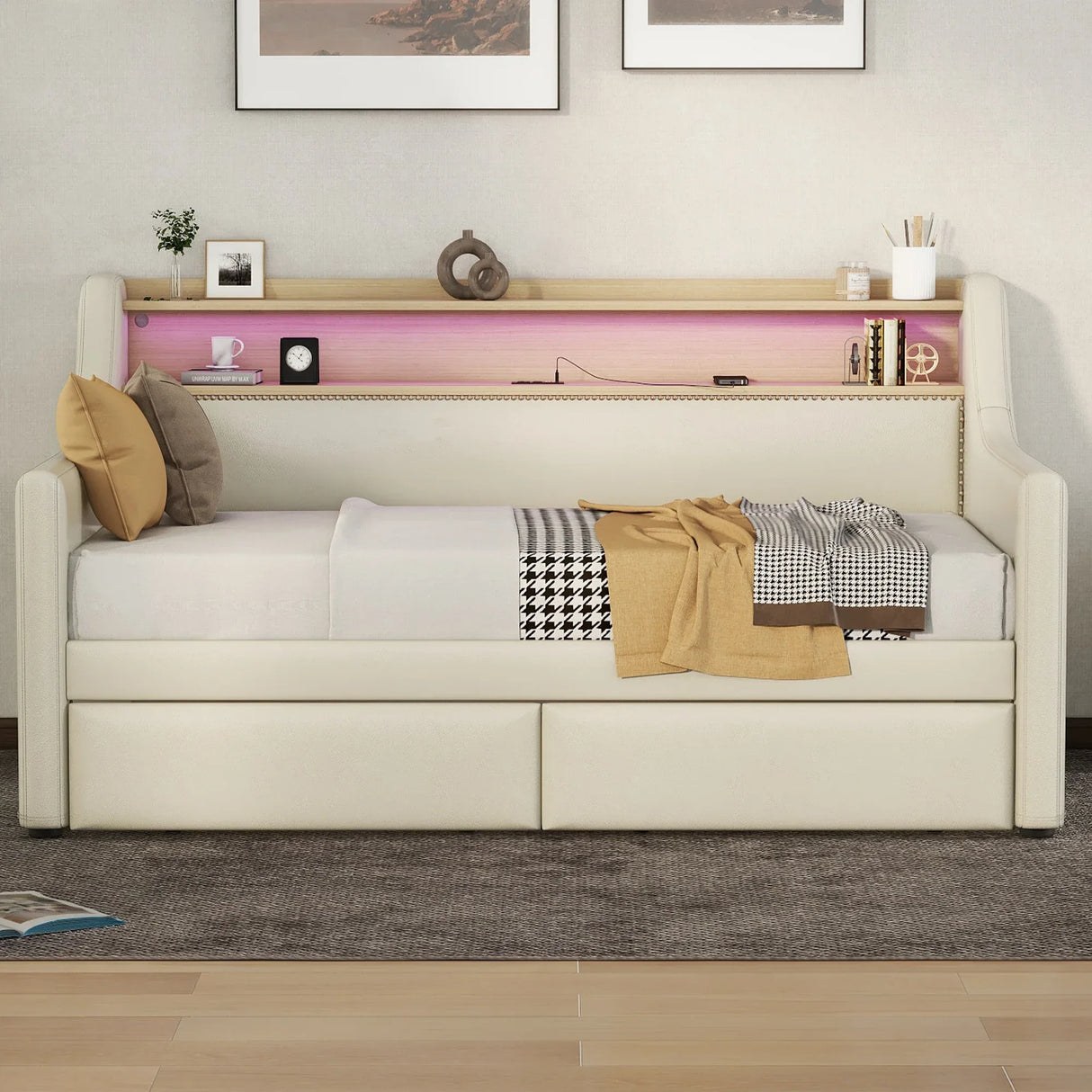 Twin PU Leather Daybed With Storage Drawers Charging Station - Omega Lifestyles