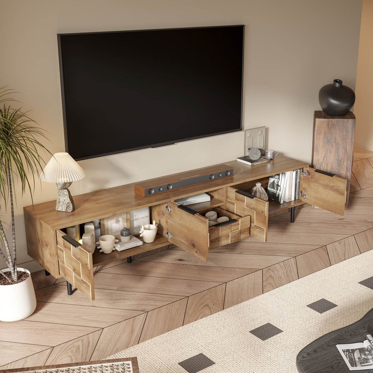 Natural Wood Checkered Pattern TV Stand With Storage - Sleep Galleria