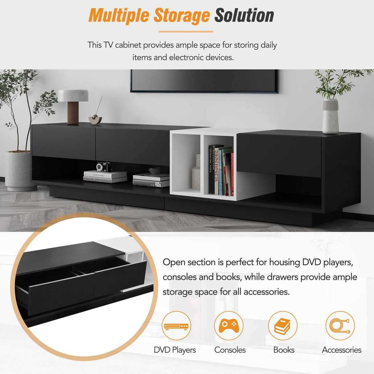 Sleek Two-Tone Black Particle Board TV Stand - Sleep Galleria