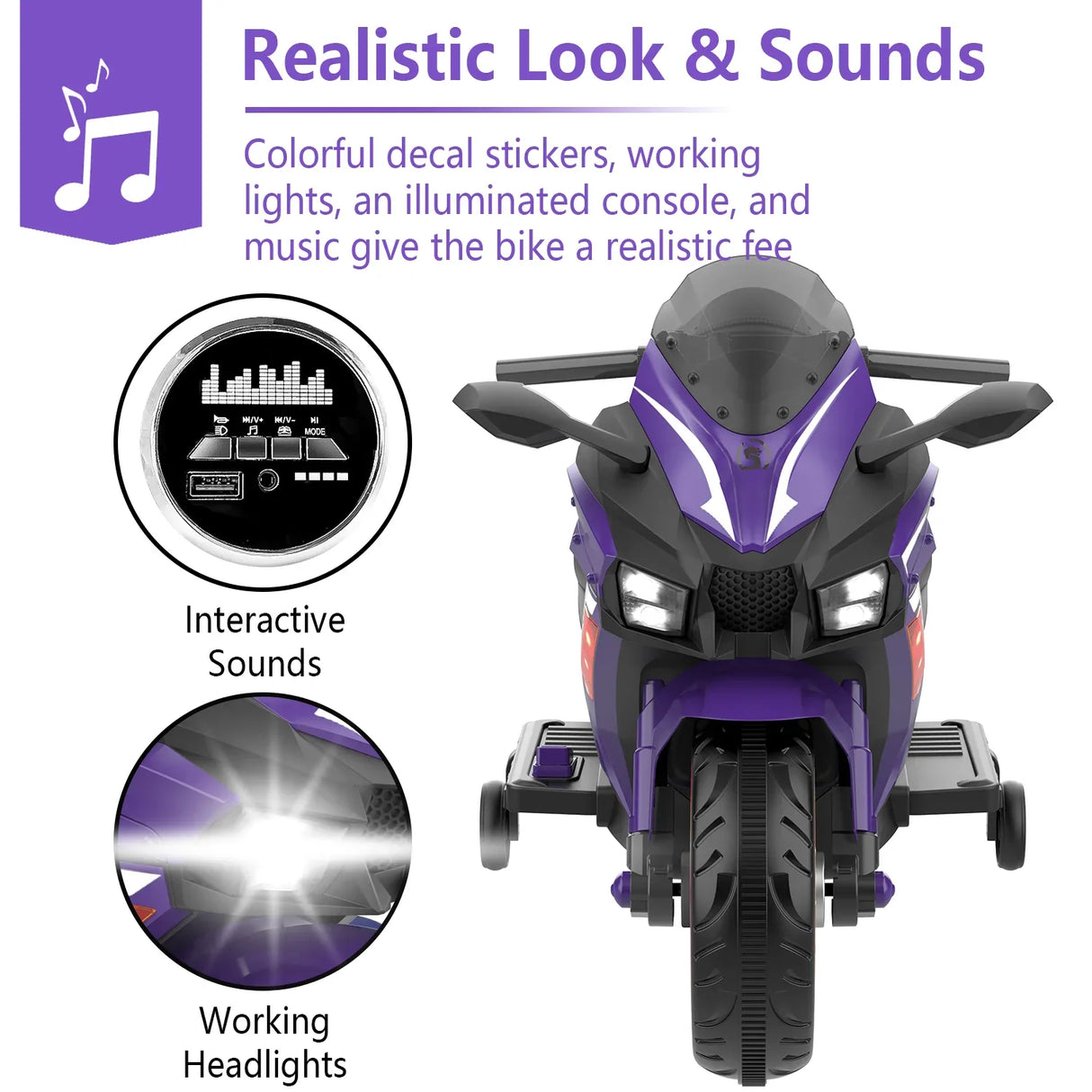 12V Violet Kids Electric Motorcycle With Bluetooth Music - Omega Lifestyles
