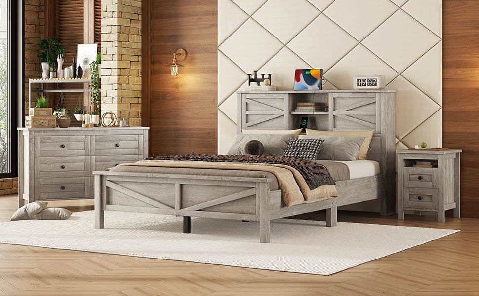 3-Piece Antique Gray Farmhouse Platform Bed Set - Omega Lifestyles