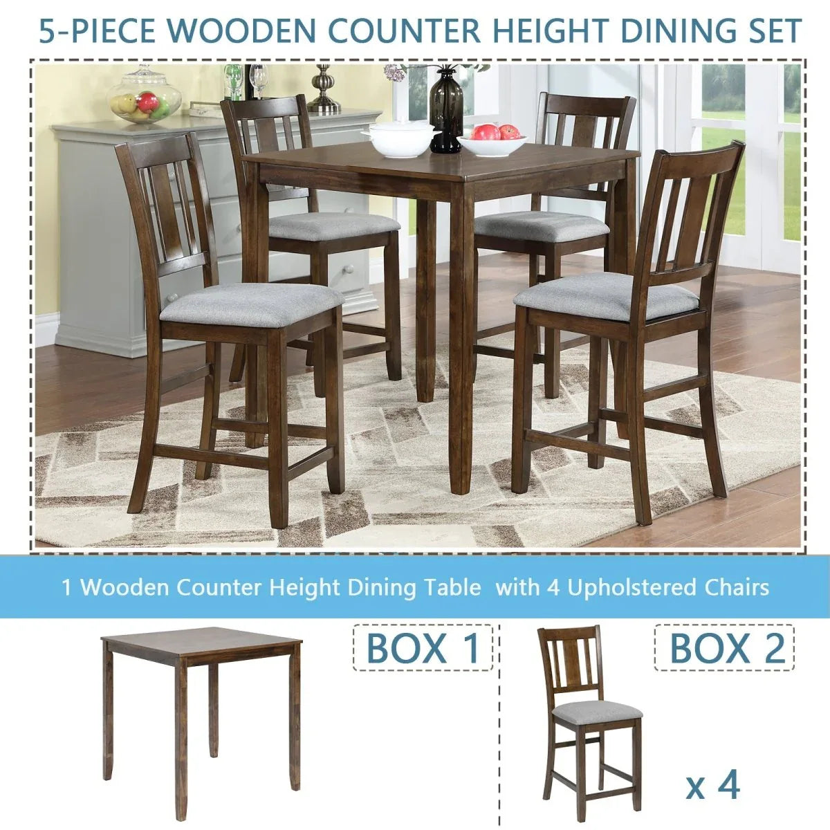 5-Piece Solid Wood Counter Height Dining Table Set - Omega Lifestyles