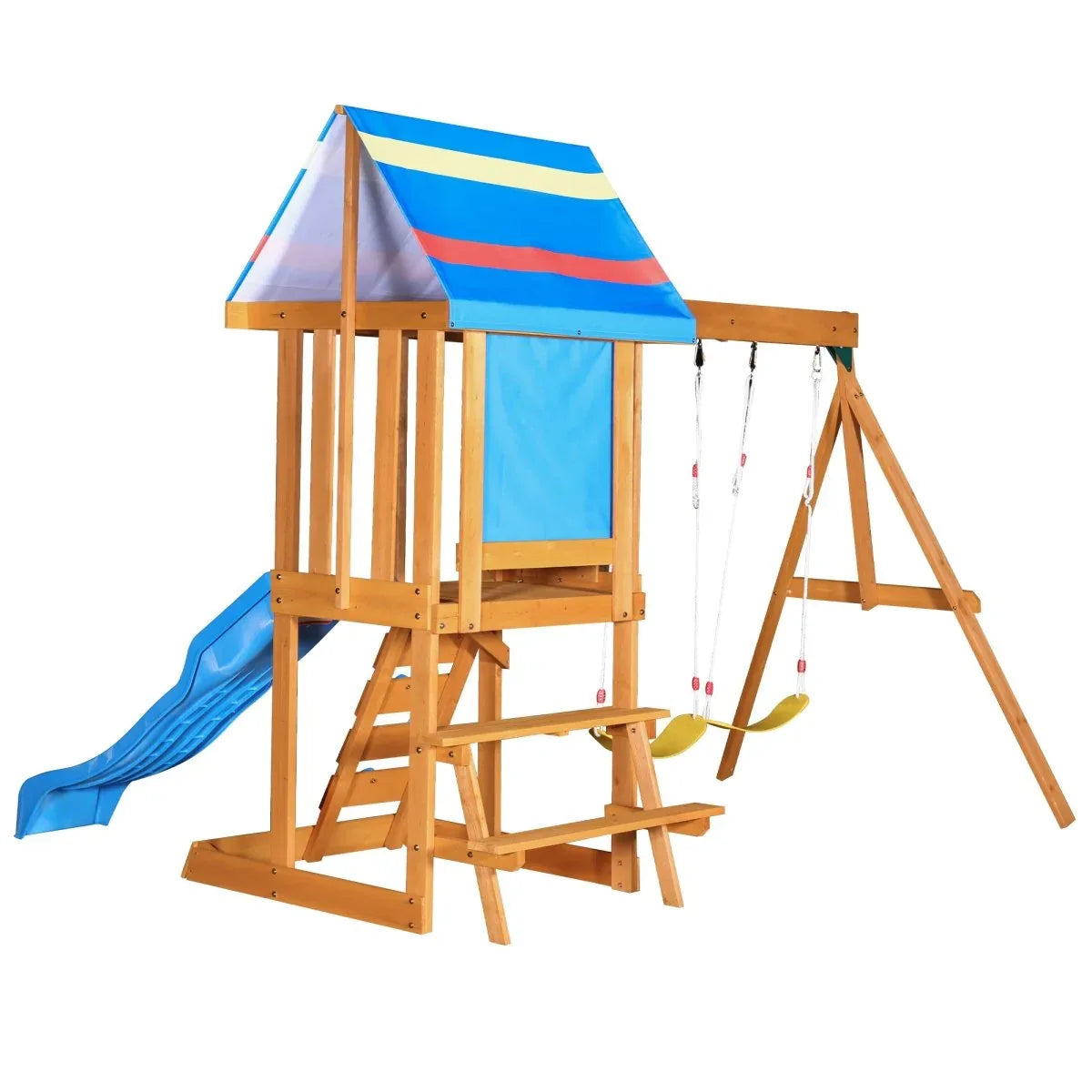 Blue Cedarwood Outdoor Swing Set With Slide And Climber - Omega Lifestyles