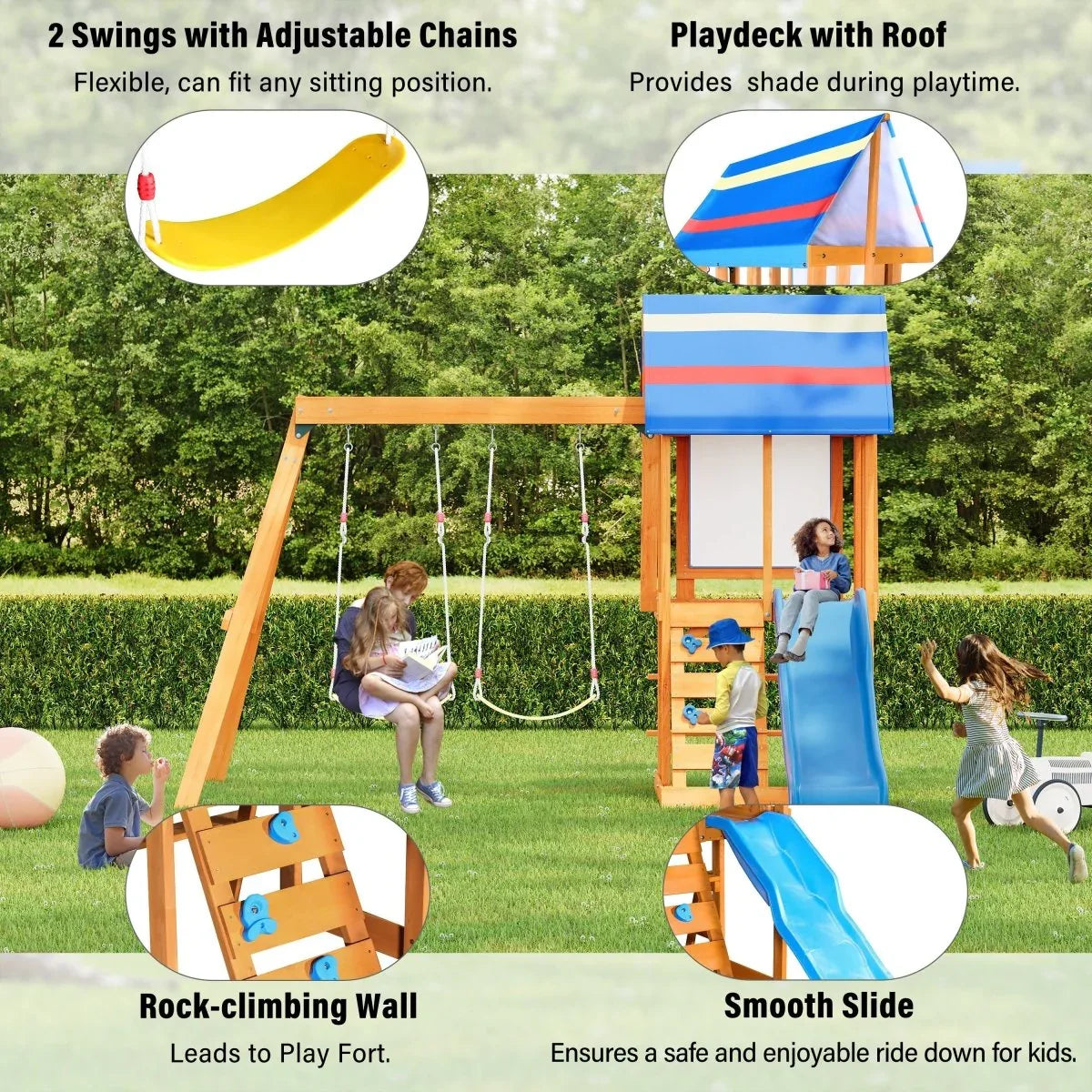 Blue Cedarwood Outdoor Swing Set With Slide And Climber - Omega Lifestyles