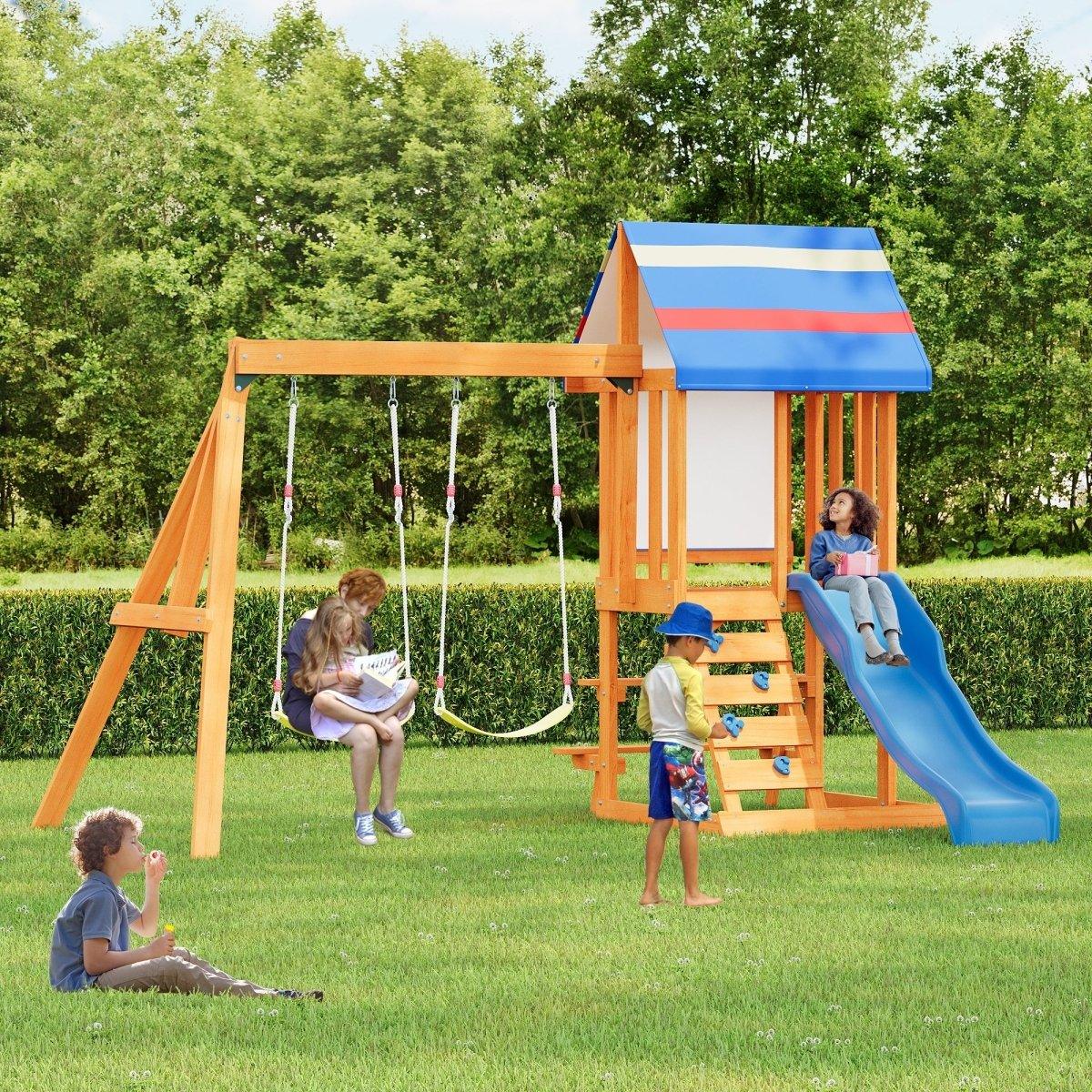 Blue Cedarwood Outdoor Swing Set With Slide And Climber - Omega Lifestyles