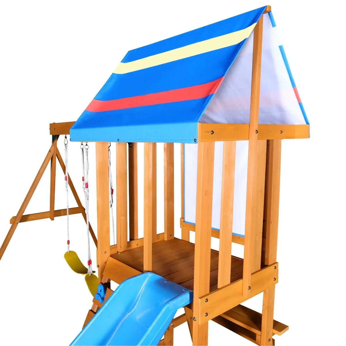 Blue Cedarwood Outdoor Swing Set With Slide And Climber - Omega Lifestyles