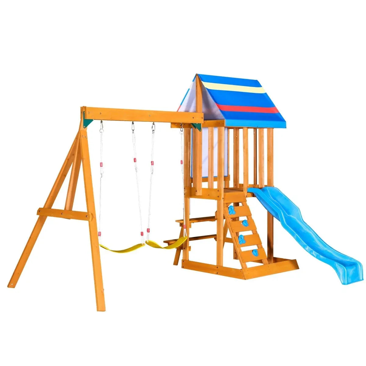 Blue Cedarwood Outdoor Swing Set With Slide And Climber - Omega Lifestyles