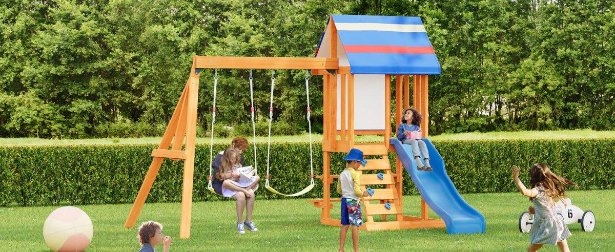 Blue Cedarwood Outdoor Swing Set With Slide And Climber - Omega Lifestyles