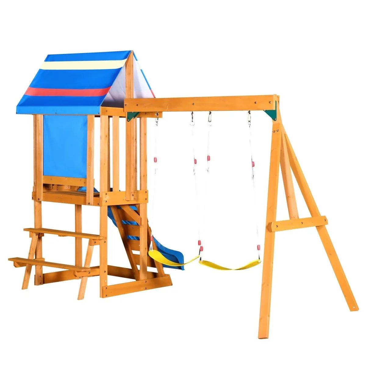 Blue Cedarwood Outdoor Swing Set With Slide And Climber - Omega Lifestyles