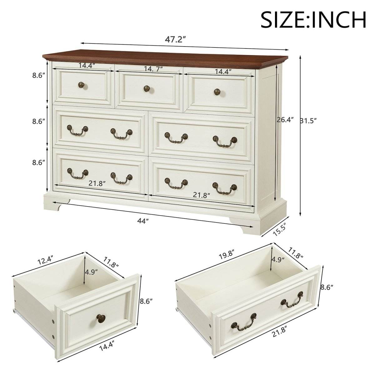 Farmhouse Antique White 7-Drawer Engineered Wood Dresser - Sleep Galleria