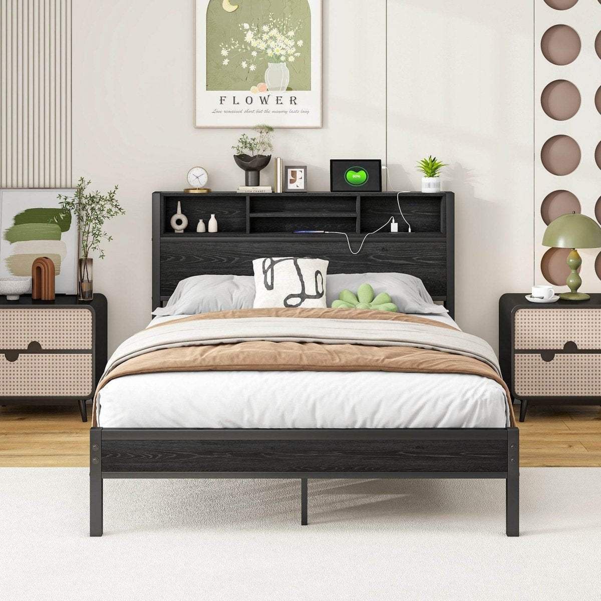 Full Metal Platform Bed Frame With Storage Headboard Full - Blissora - Omega Lifestyles