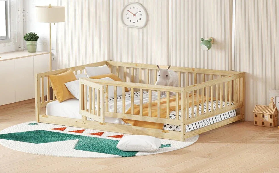Full Pine Montessori Floor Bed With Fence Full - Omega Lifestyles