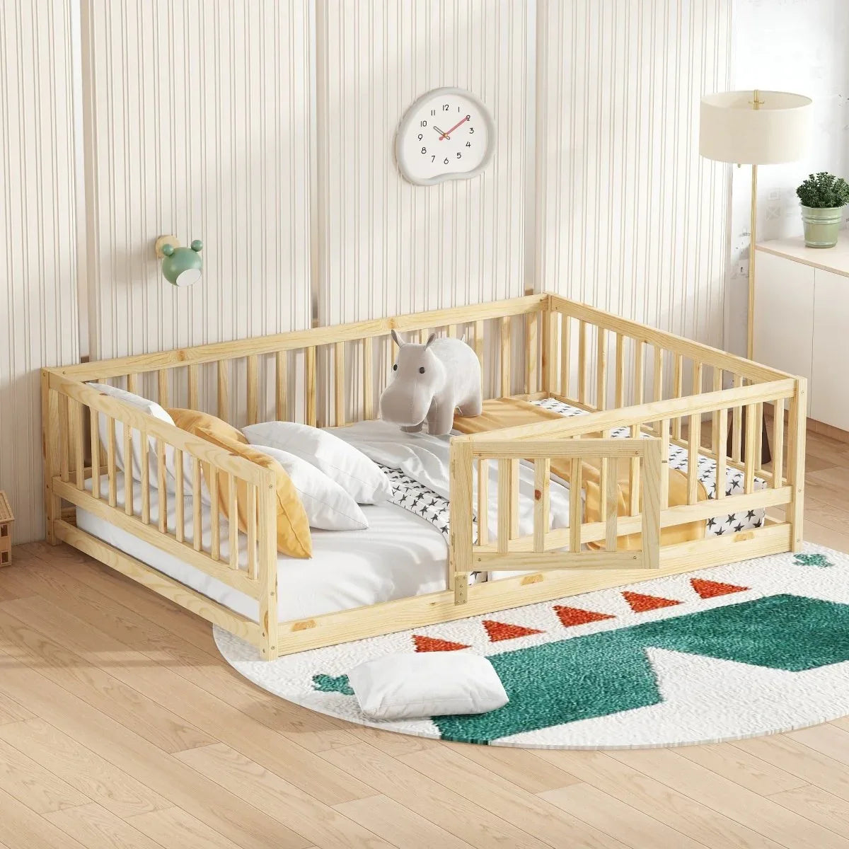 Full Pine Montessori Floor Bed With Fence Full - Omega Lifestyles