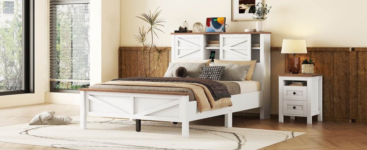 Full Platform Bed With Double Sliding Barn Door Charging Station - Blissora - Omega Lifestyles