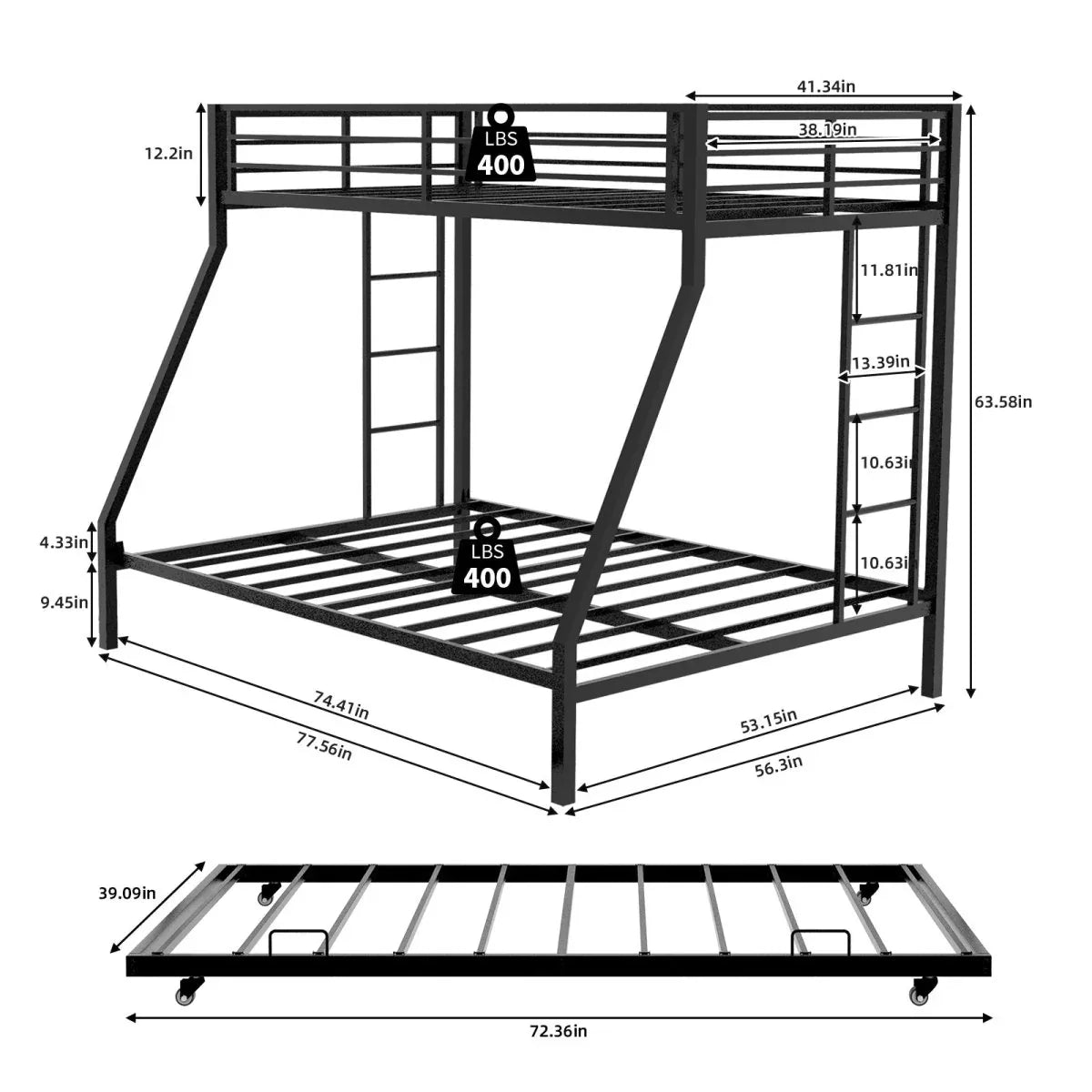 Full Size High-Strength Square Tube Iron Bunk Bed With Trundle - Omega Lifestyles