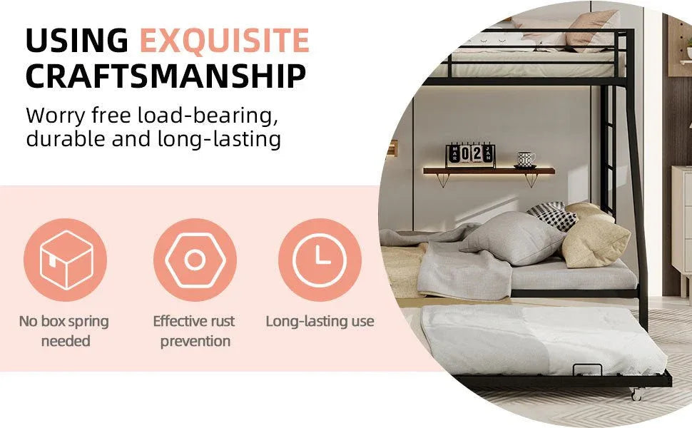 Full Size High-Strength Square Tube Iron Bunk Bed With Trundle - Omega Lifestyles