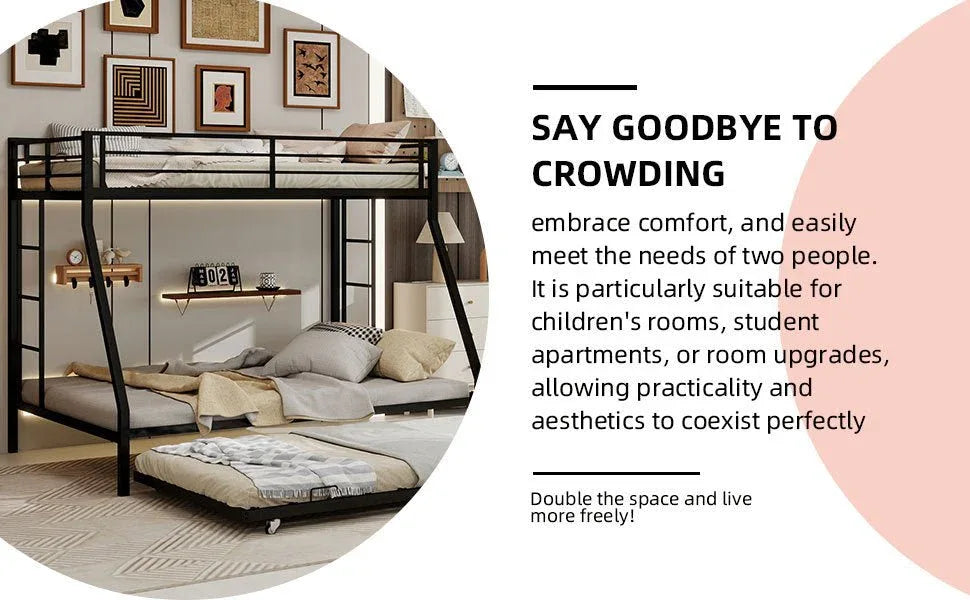 Full Size High-Strength Square Tube Iron Bunk Bed With Trundle - Omega Lifestyles