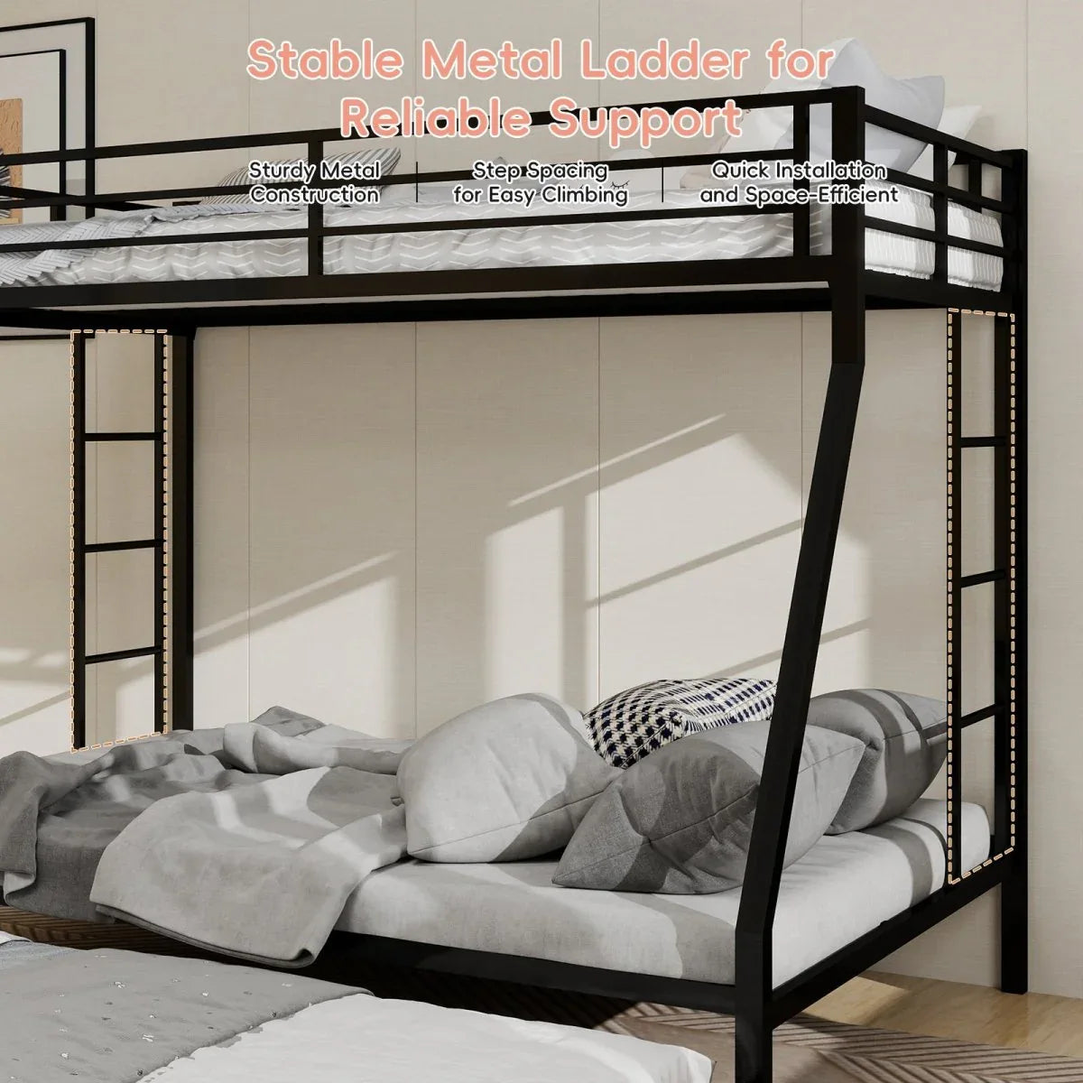 Full Size High-Strength Square Tube Iron Bunk Bed With Trundle - Omega Lifestyles