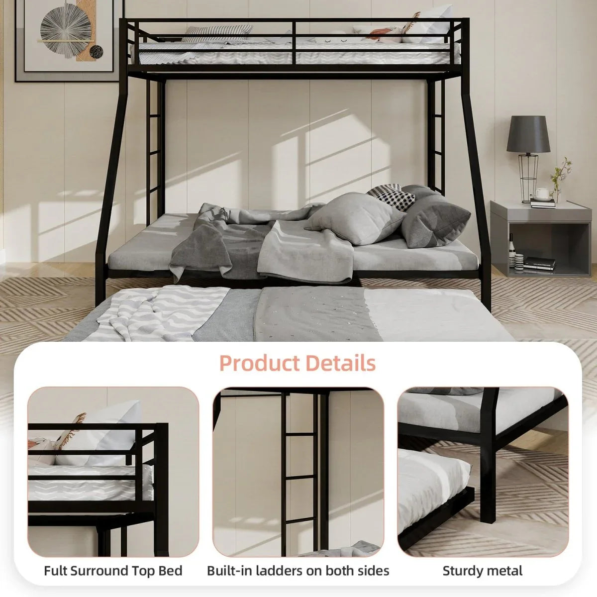 Full Size High-Strength Square Tube Iron Bunk Bed With Trundle - Omega Lifestyles