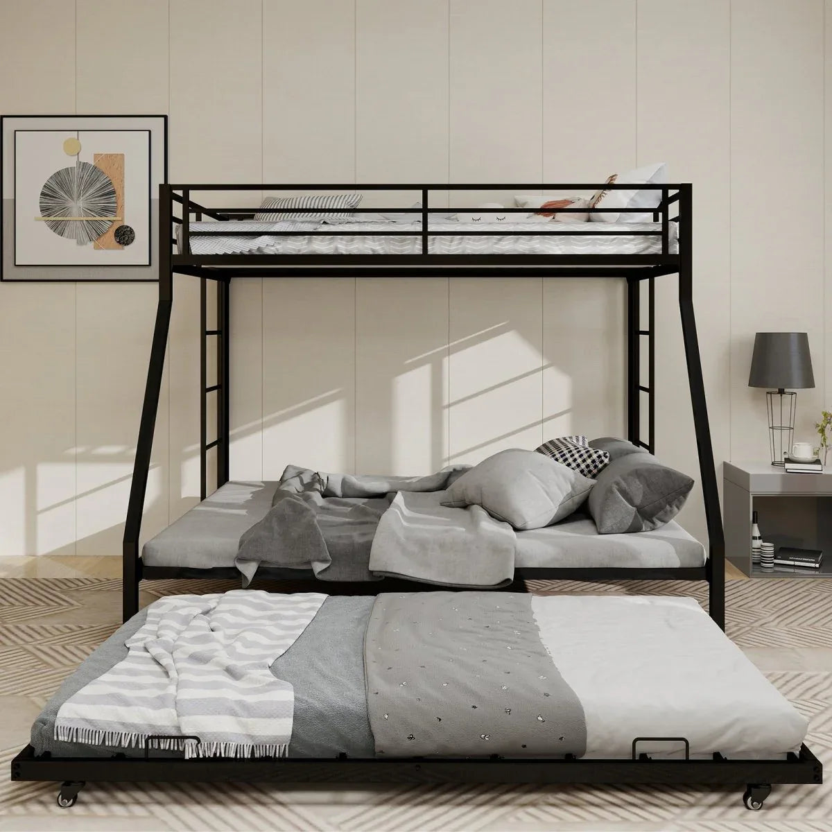 Full Size High-Strength Square Tube Iron Bunk Bed With Trundle - Omega Lifestyles