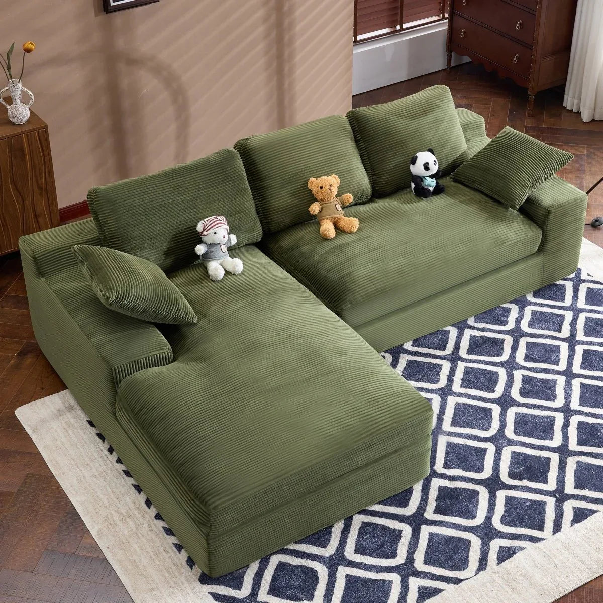 Green Corduroy Foam Compressed 4-Seat Sofa With Pillows - Omega Lifestyles