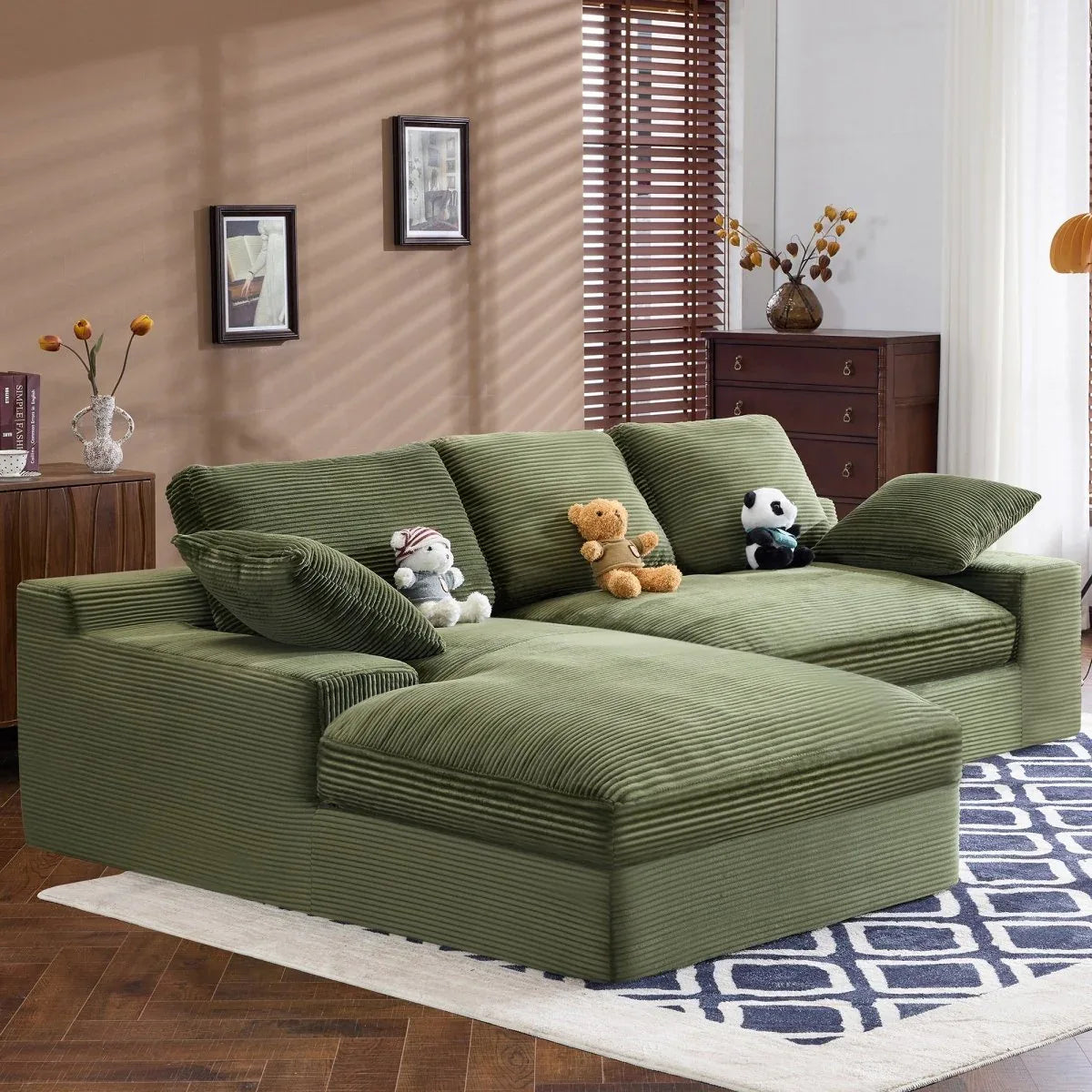 Green Corduroy Foam Compressed 4-Seat Sofa With Pillows - Omega Lifestyles