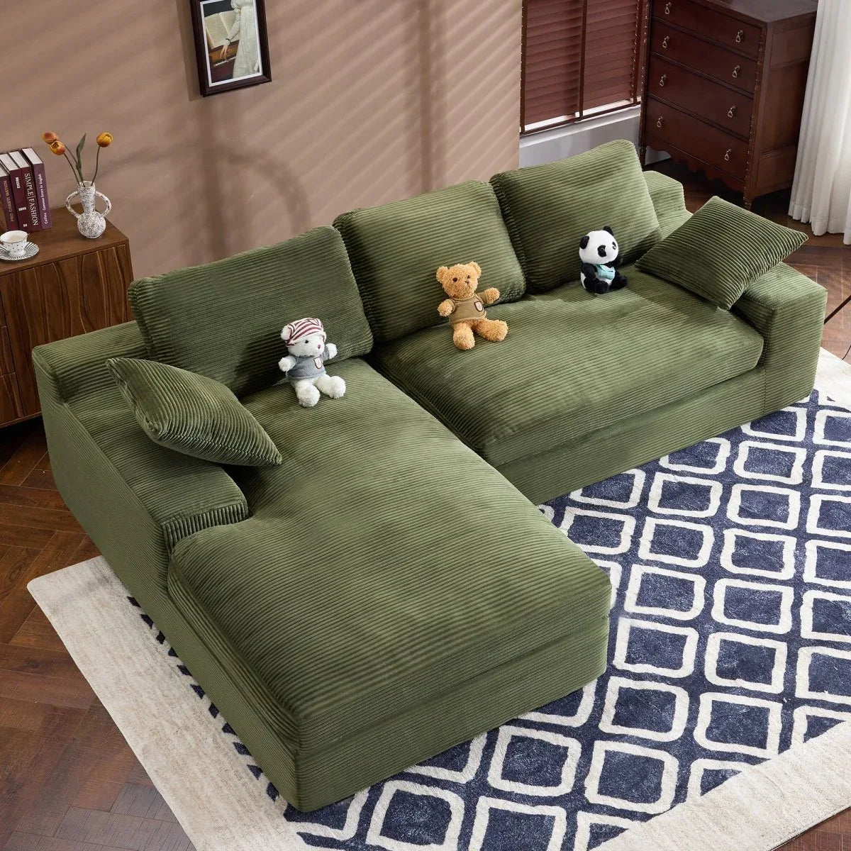 Green Corduroy Foam Compressed 4-Seat Sofa With Pillows - Omega Lifestyles
