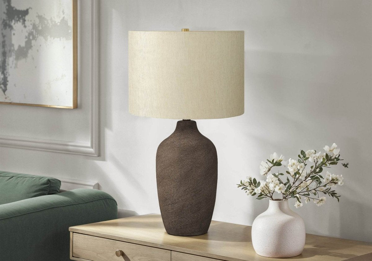 Grey Ceramic Table Lamp With Beige Linen Drum Shade - Sleep Galleria