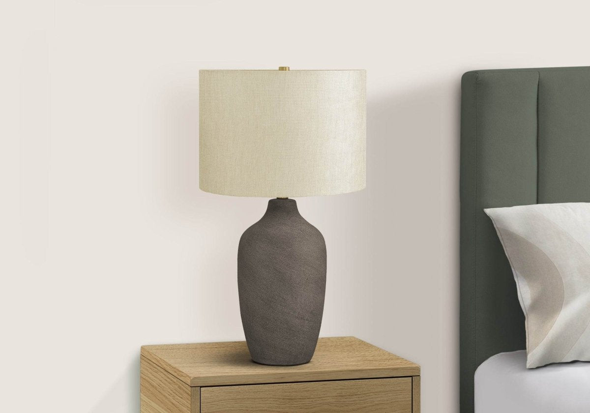 Grey Ceramic Table Lamp With Beige Linen Drum Shade - Sleep Galleria