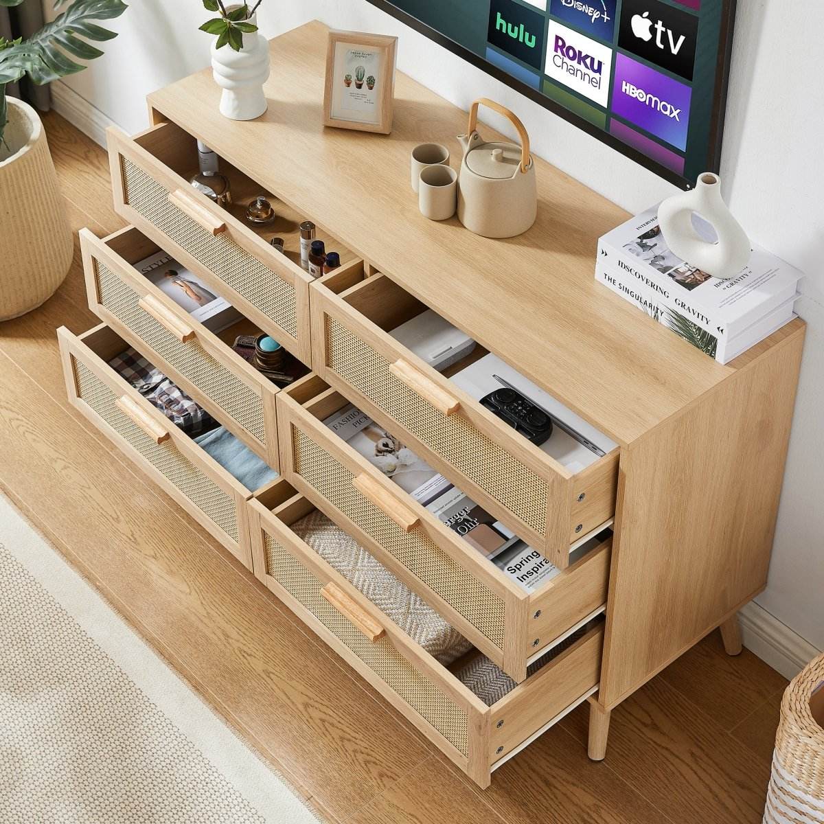 Natural 6-Drawer Rattan Cabinet Dresser With Storage - Sleep Galleria