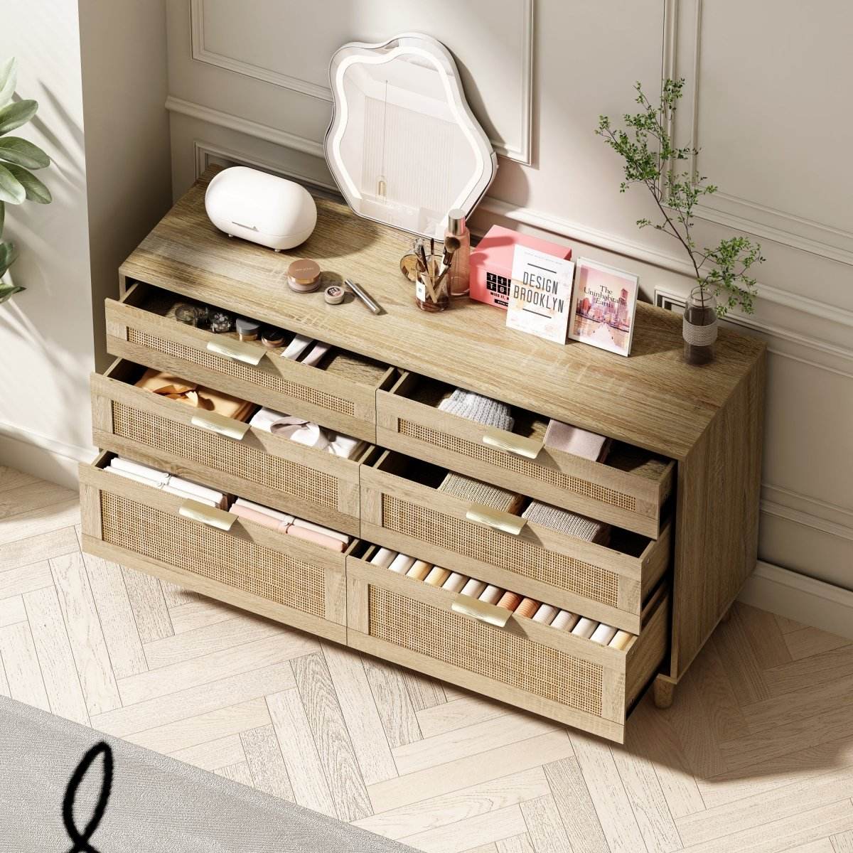 Natural Rattan 6-Drawer MDF And Metal Dresser - Sleep Galleria