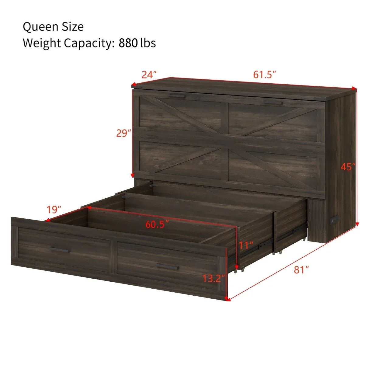Queen Farmhouse Murphy Cabinet Bed With Charging Station - Omega Lifestyles