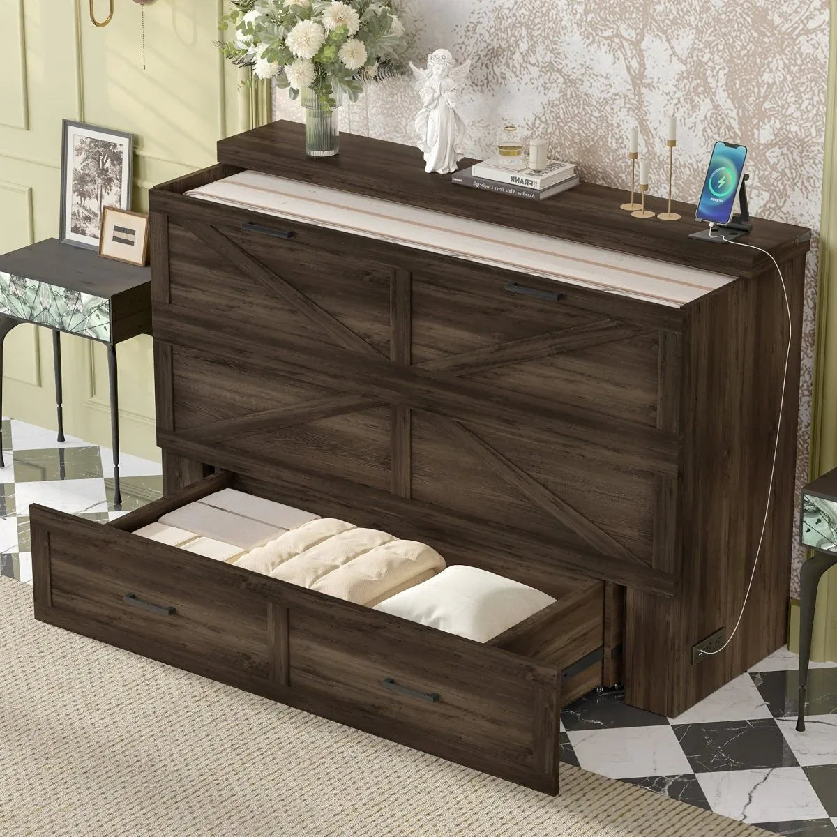 Queen Farmhouse Murphy Cabinet Bed With Charging Station - Omega Lifestyles