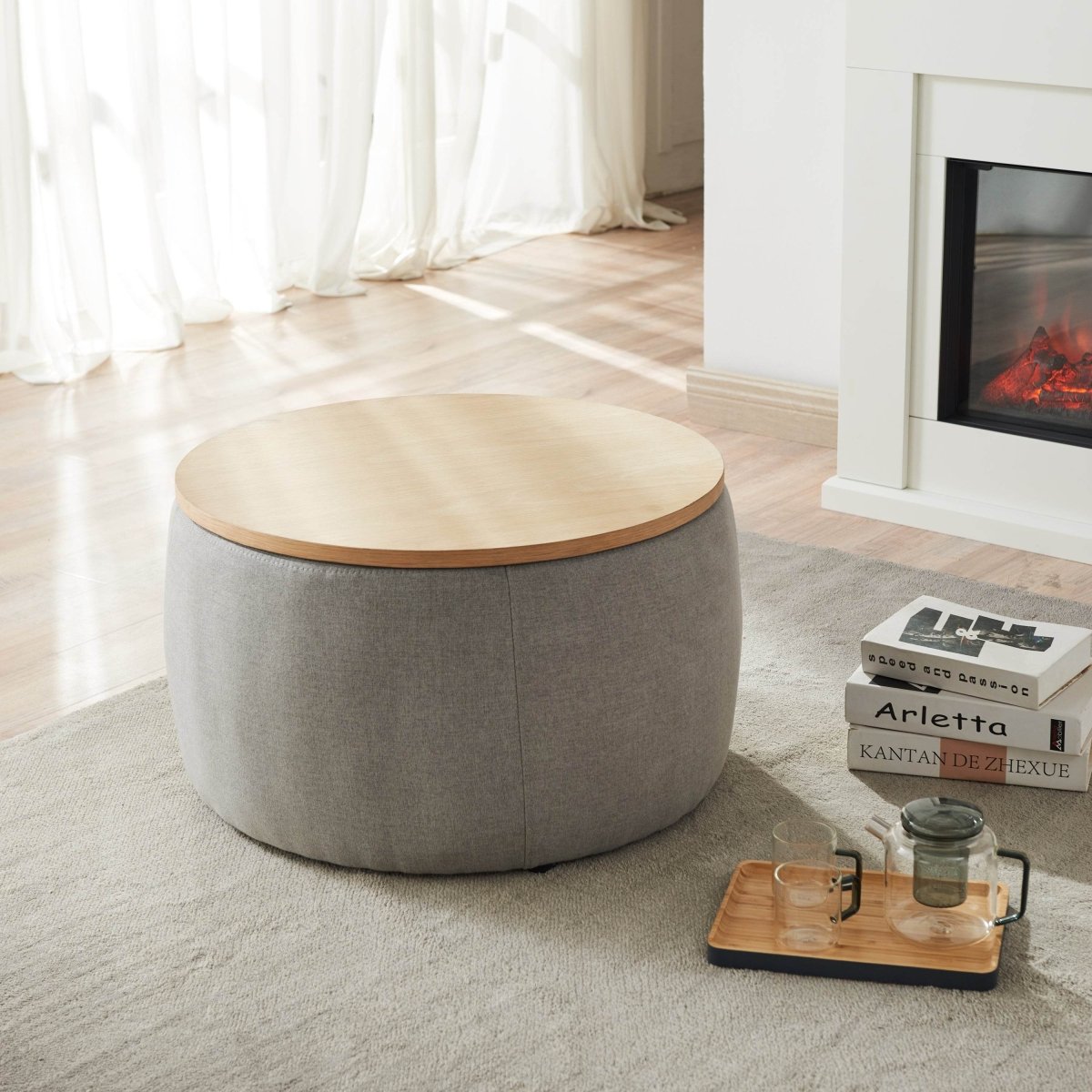 Round Linen Upholstered Storage Ottoman With Removable Top - Sleep Galleria