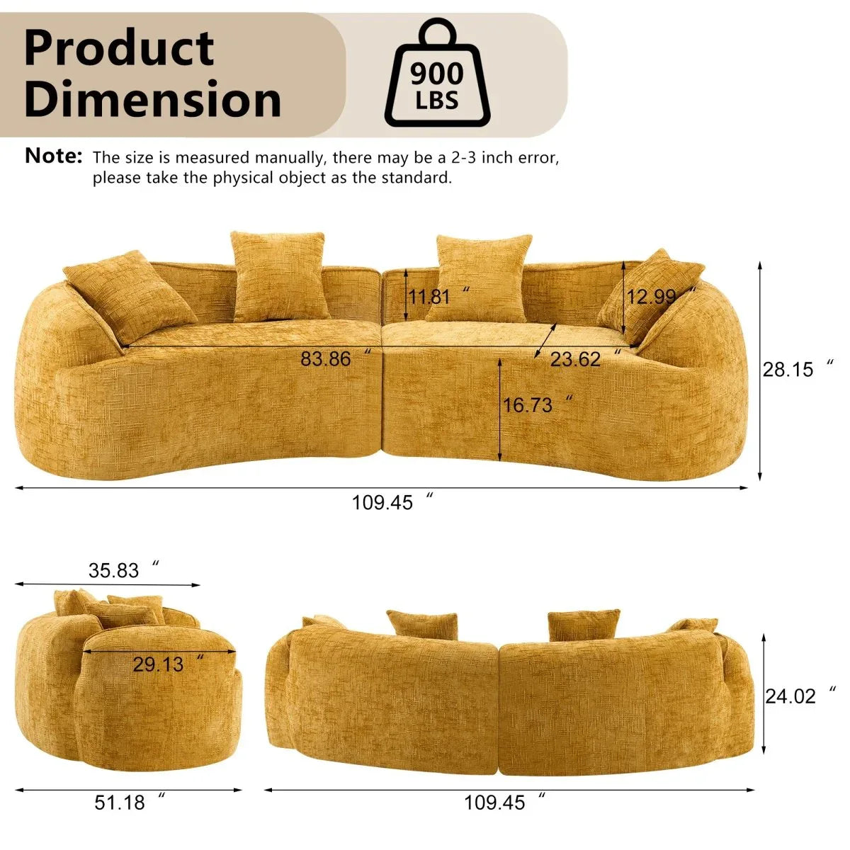 Yellow Curved 4-Seat Medium-Soft Chenille Sofa - Omega Lifestyles