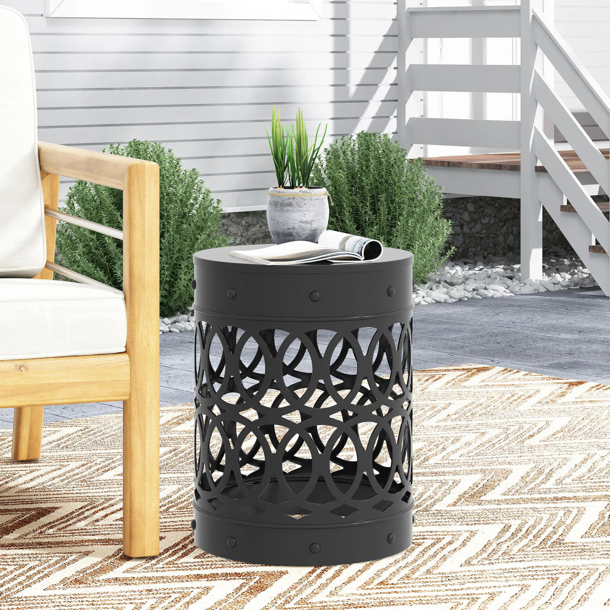 Modern Black Powder-Coated Iron Outdoor End Table - Omega Lifestyles