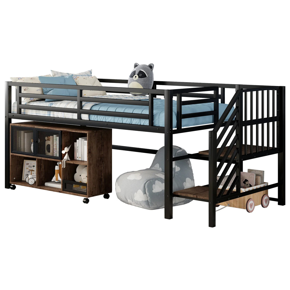 Twin Metal Low Loft Bed With Storage Cubby And Stairs - Omega Lifestyles