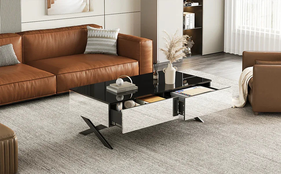 Rectangular Mirrored Coffee Table With Metal Base Storage - Omega Lifestyles