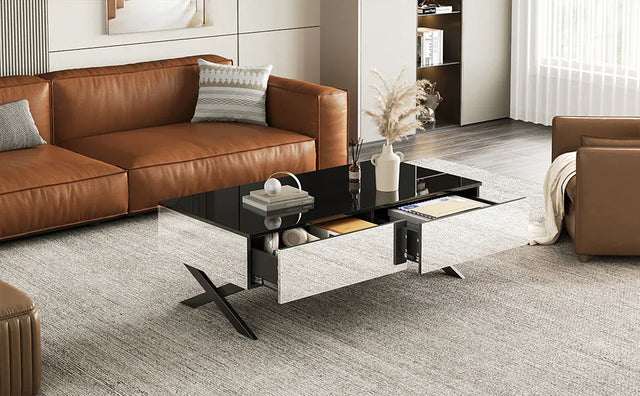 Rectangular Mirrored Coffee Table With Metal Base Storage - Omega Lifestyles