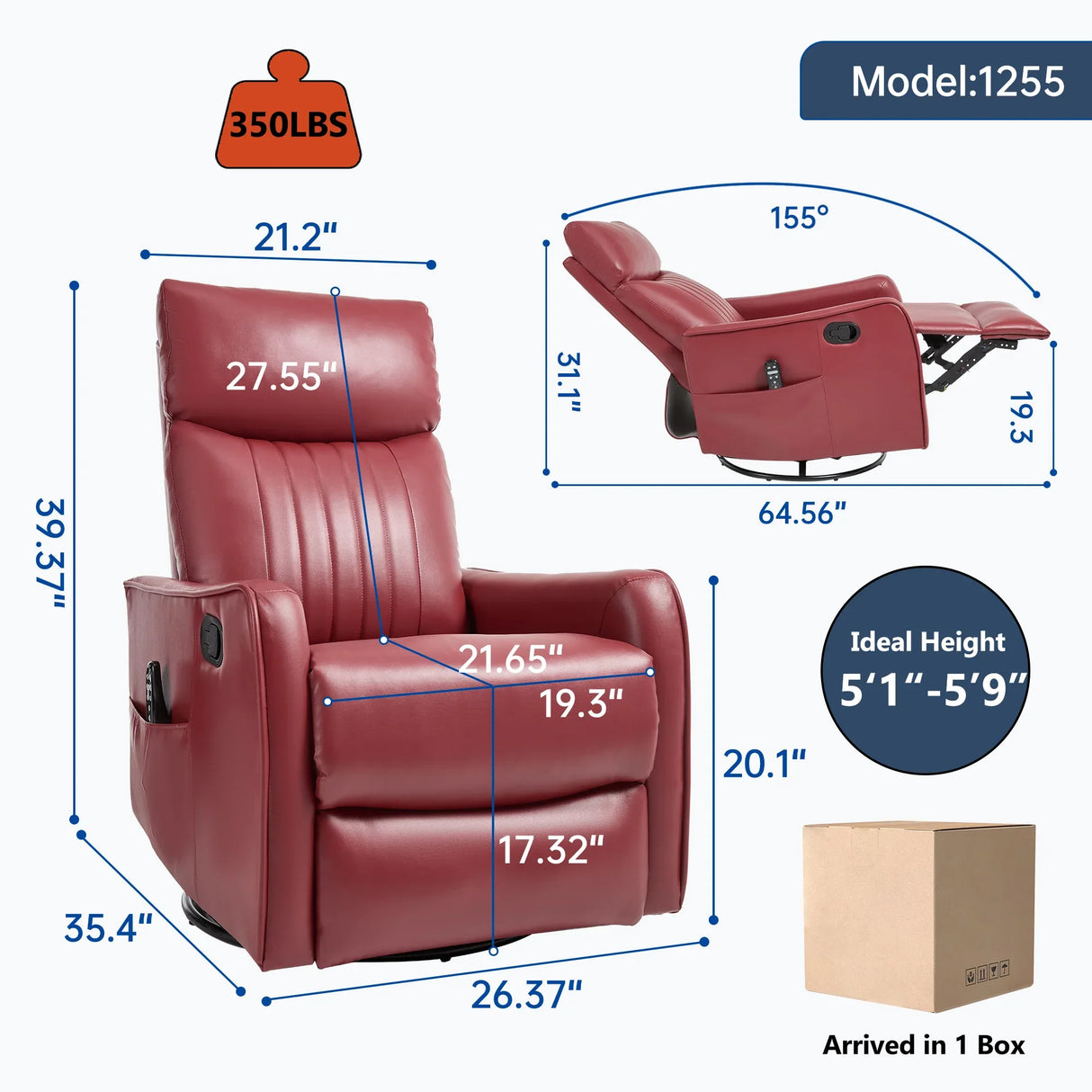 Red Faux Leather Medium-Firm Heat Massage Recliner Chair - Omega Lifestyles