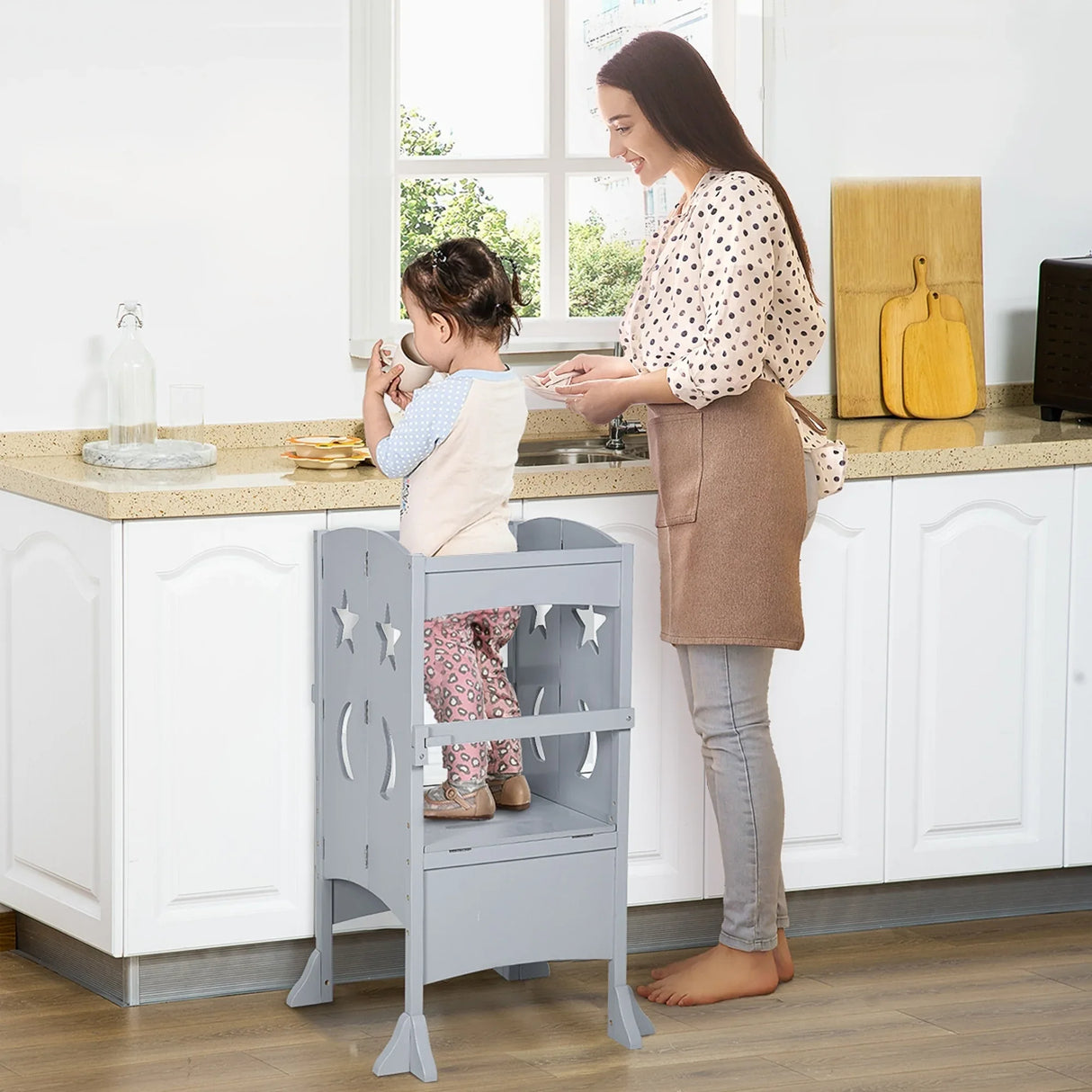 Foldable Wooden Kids Kitchen Step Stool With Safety Rail - Omega Lifestyles