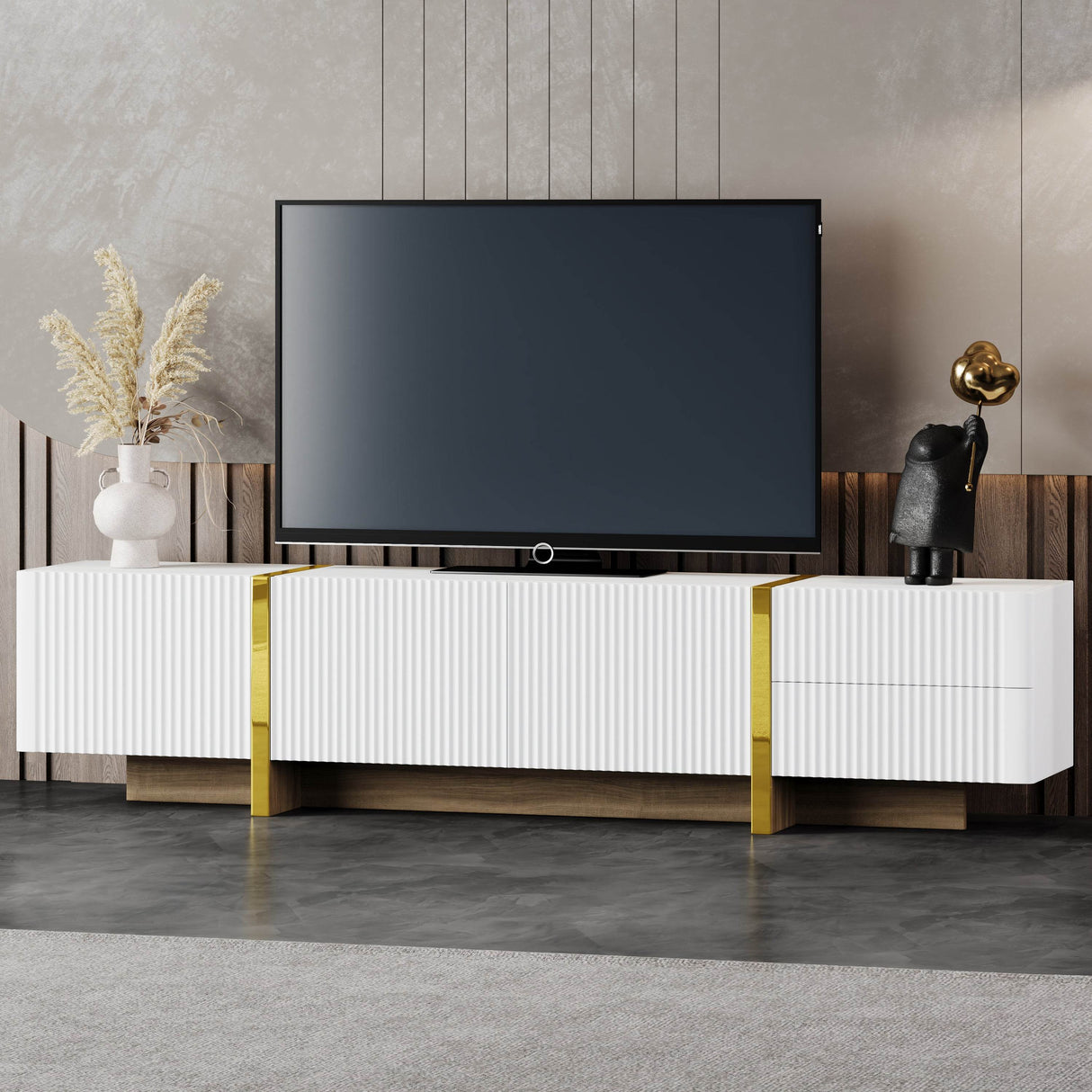 Luxury Fluted White And Gold Wood Grain TV Stand - Sleep Galleria
